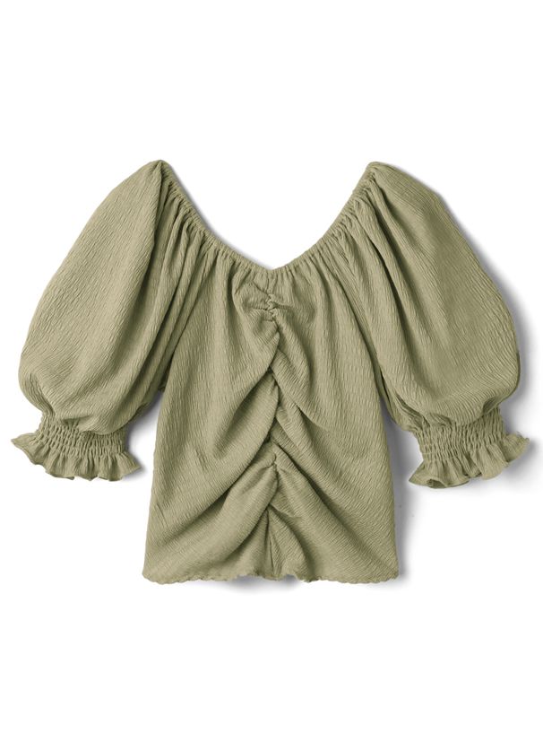 日本 GRL - V領抓皺澎澎短袖抽繩上衣-罌粟粉