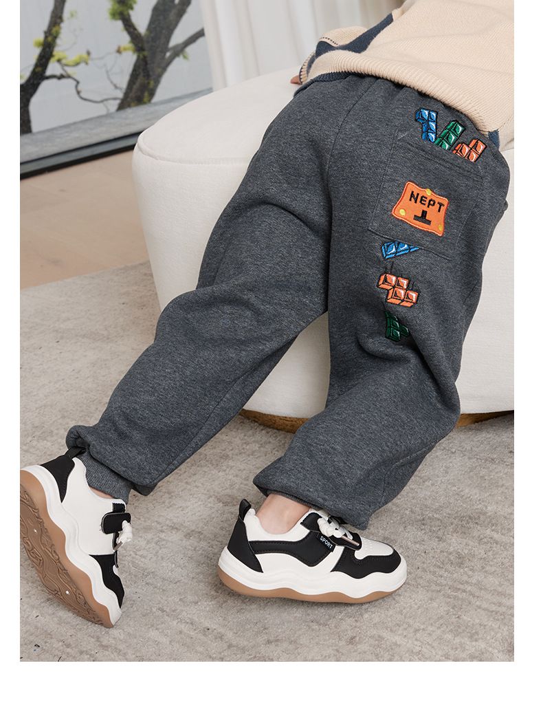 薄絨腰鬆緊休閒保暖束口長褲-俄羅斯方塊-深灰色