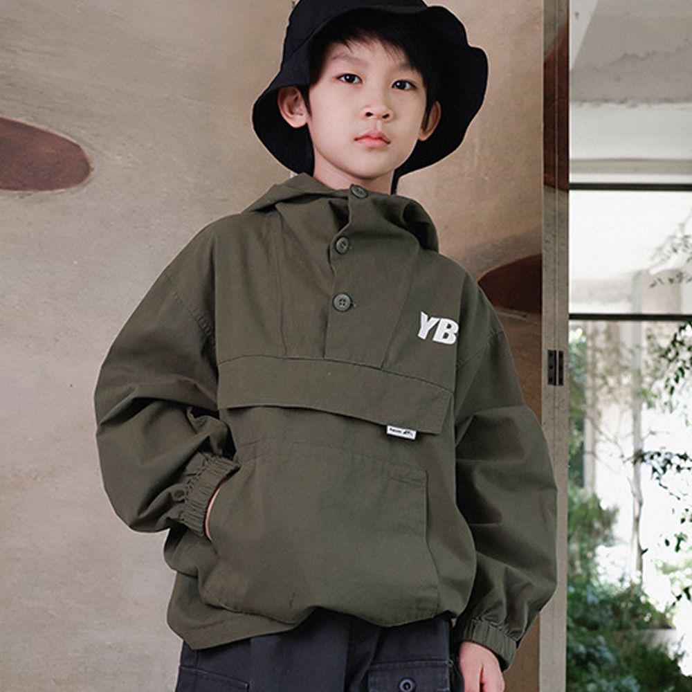 純棉半開襟連帽長袖上衣-綠色