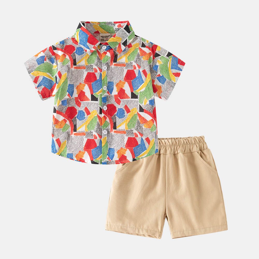 休閒翻領短袖襯衫+五分褲套裝-彩繪-多彩