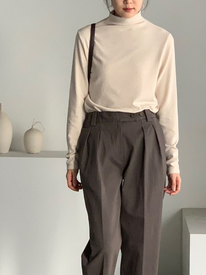 韓國女裝連線 - 百搭中領混羊毛長袖上衣-米杏 (FREE)