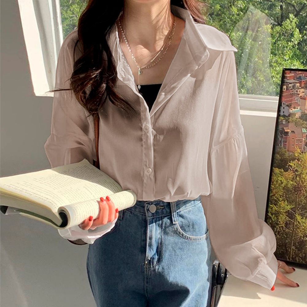 柔美透明感率性氣球袖襯衫-灰棕 (M)