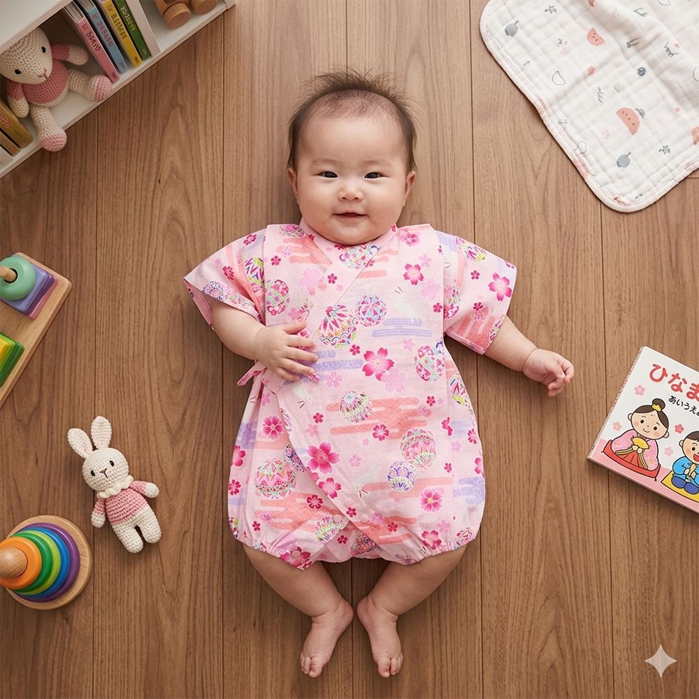 甚平包屁衣-兔子鞠球圖案-粉紅色