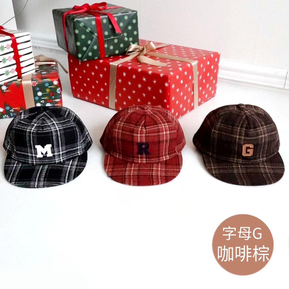 羊毛混織格紋棒球帽-字母G-咖啡棕