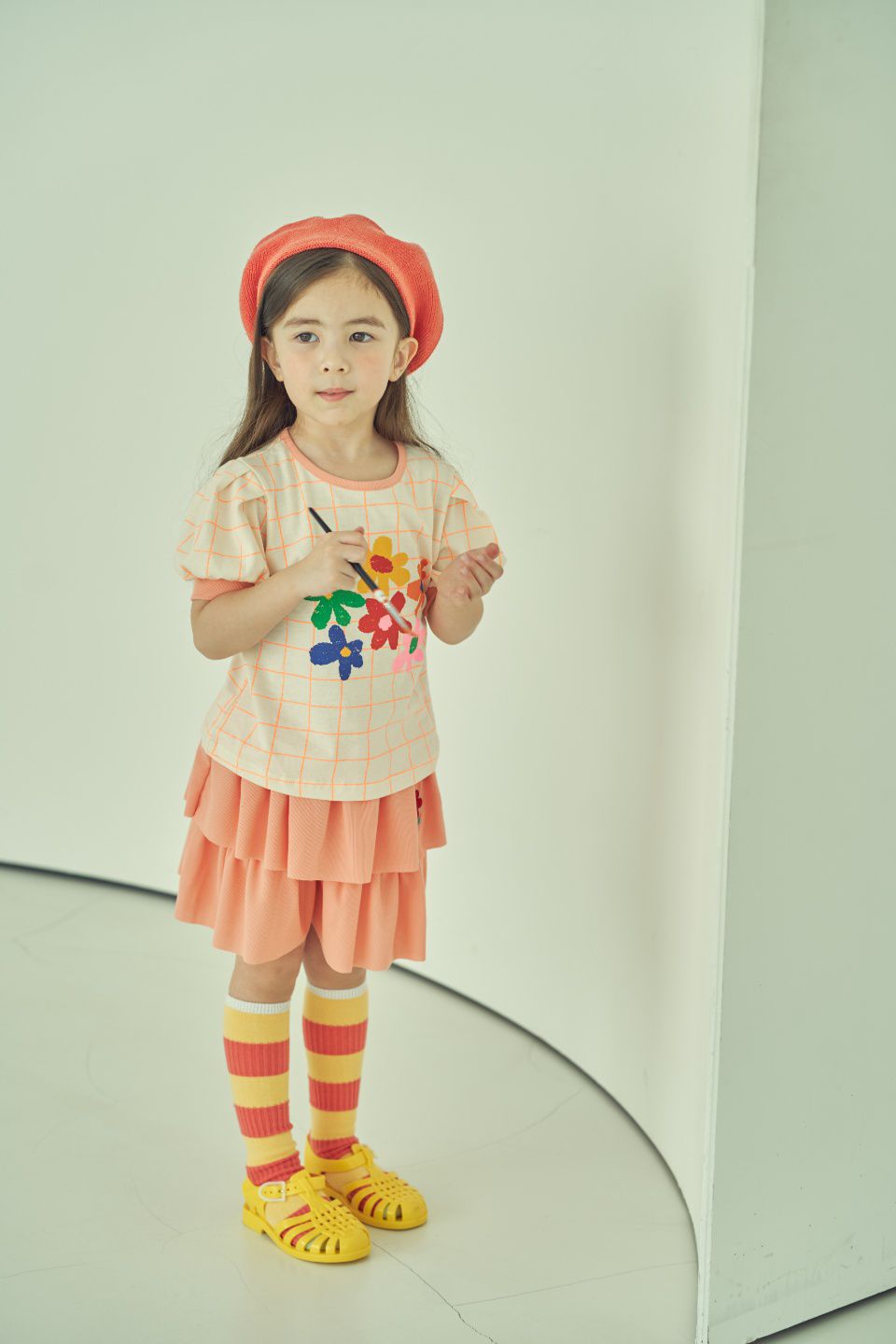 韓國 Mimico - 六彩花朵格子T-蜜桃橘