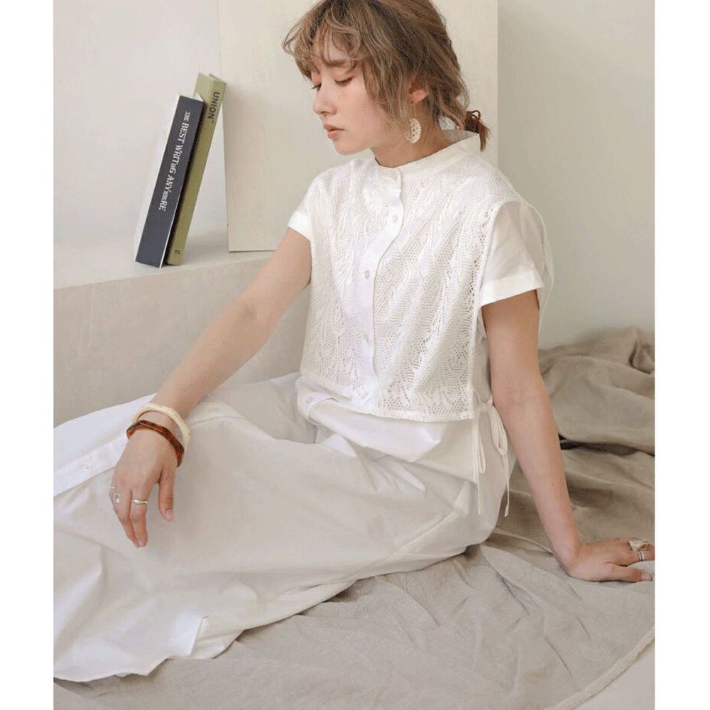 日本 Bou Jeloud - 假兩件鏤空蕾絲背心拼接短袖洋裝-白