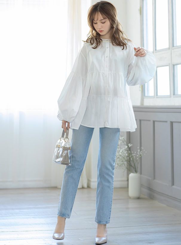 日本 GRL - 森林系層次泡泡長袖上衣-天使白 (F)