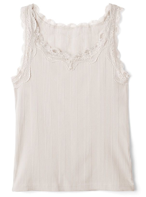 日本 GRL - 蕾絲滾邊圓領無袖上衣-米白