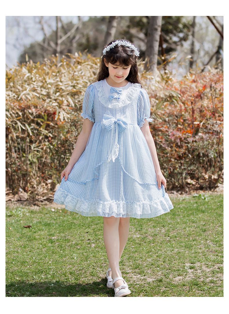 蕾絲娃娃領泡泡袖洋裝-格紋-藍+白
