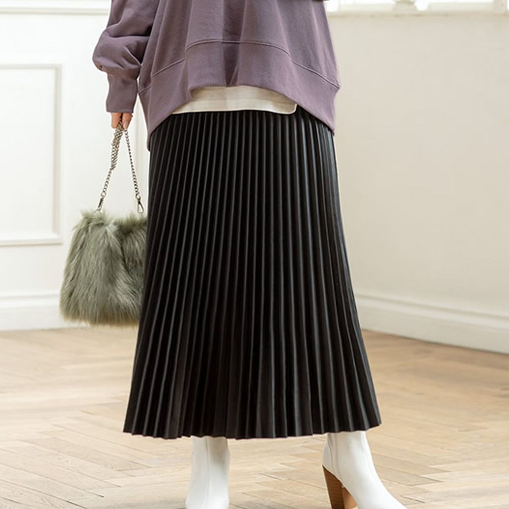 日本 GRL - 明星聯名款 時尚仿皮革顯瘦百褶長裙-時尚黑