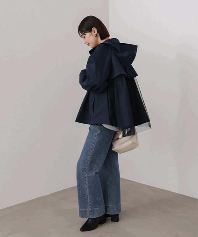 日本 Bab - [人氣款]背後皺摺薄紗連帽風衣外套-海軍藍