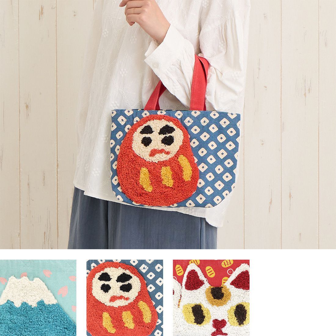 日本 TOMO - [限定]開運好物刺繡手提袋-招財貓-紅 (30×20×D10cm)