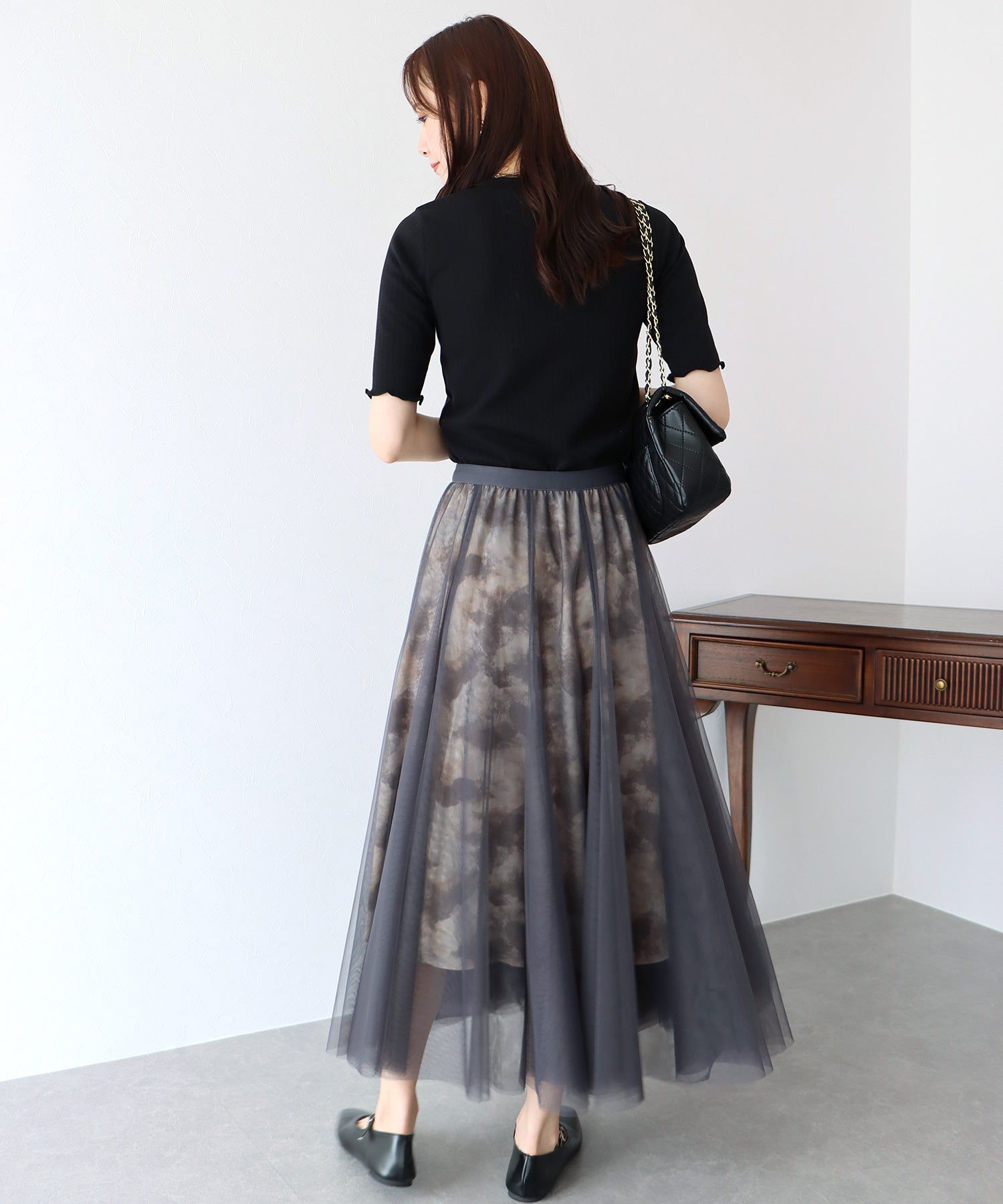 日本 BLUE EAST - 浪漫印花雙層紗裙-卡其