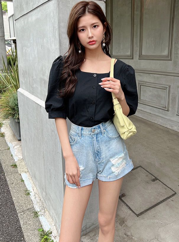 日本 GRL - 簡約法式方領泡泡袖上衣-天使白