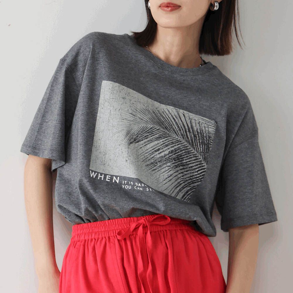100%棉 清新夏日樹葉印花T恤-灰