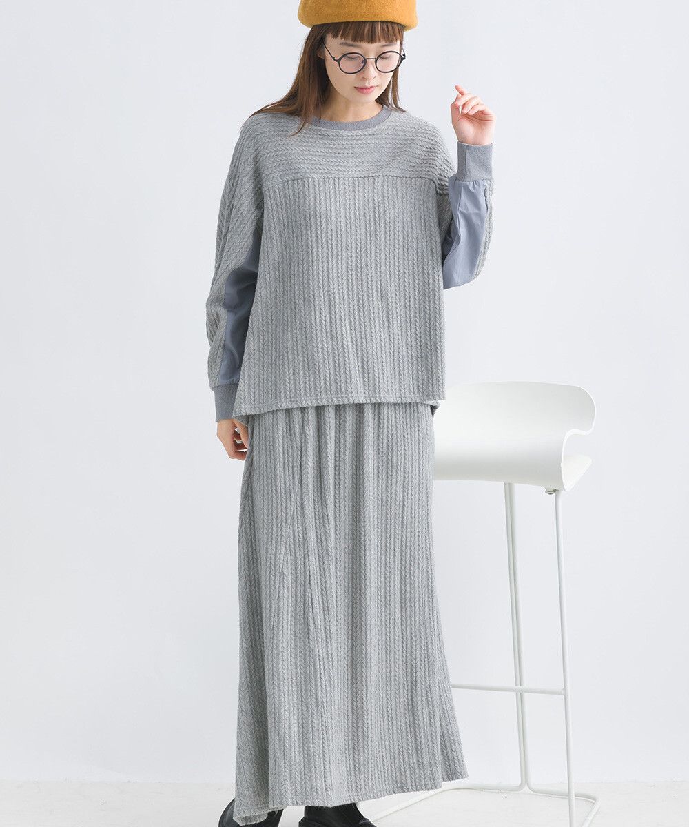 日本女裝代購 - 拼接撞色寬袖麻花針織上衣-灰