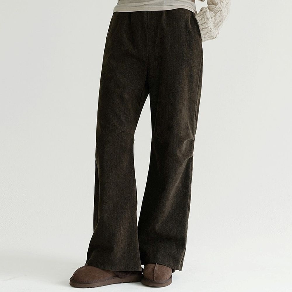 Domingoblue 鬆緊腰絨面磨毛感膝蓋抓褶長褲-深咖啡