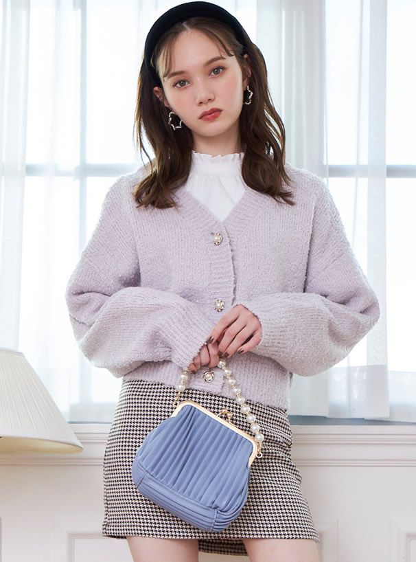 日本 GRL - 珍珠提鍊貝殼紋口金手提包/側背包-白