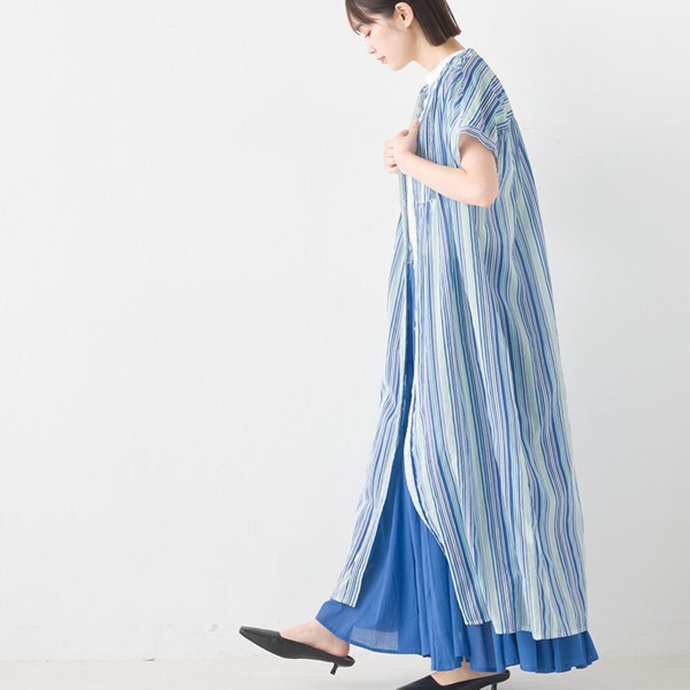 日本 OMNES - 100%印度棉 夏日印花開襟洋裝-水藍條紋