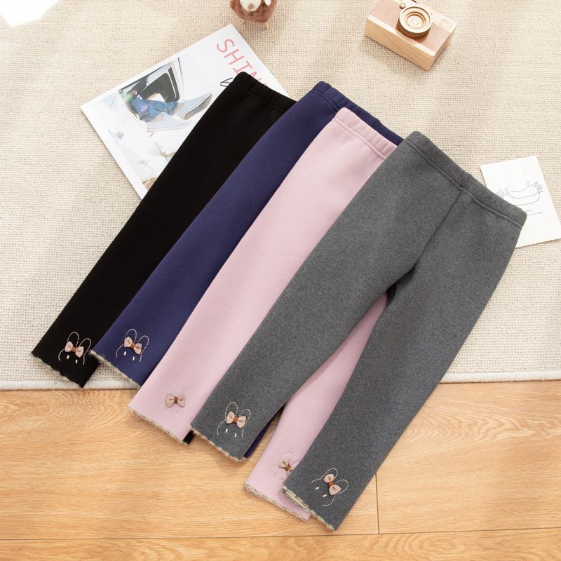 FANMOU - 加絨內搭褲-兔子蝴蝶結-深藍色