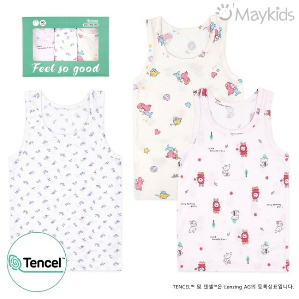 (3入組)女寶天絲莫代爾透氣背心-海洋公主X紅帽兔兔-米白X米X淺粉