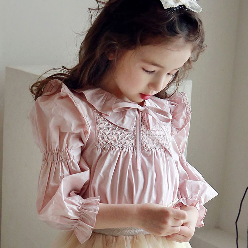 韓國 PuellaFLO - 抓皺荷葉泡泡袖上衣(無蝴蝶結,改鈕釦)-粉紅
