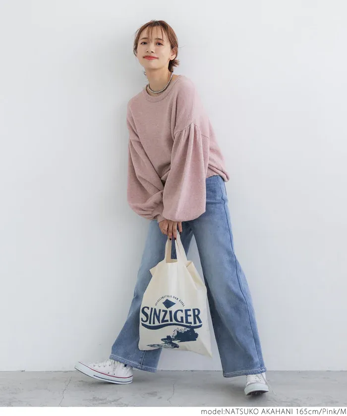 日本 COCA - 澎澎氣球袖圓領針織上衣-粉紅