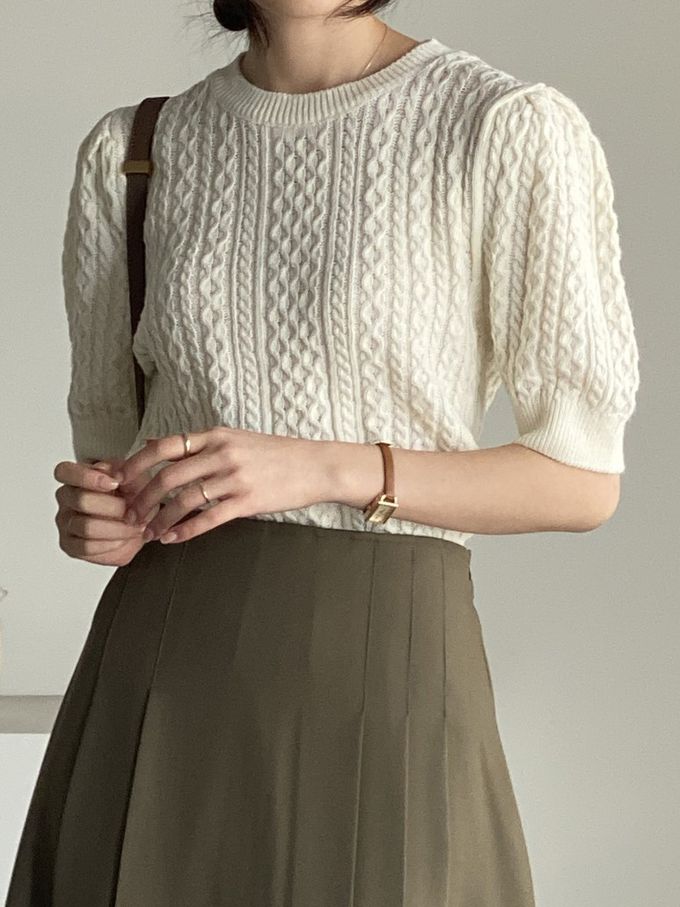韓國女裝連線 - 麻花辮編織五分袖針織上衣-米白 (FREE)