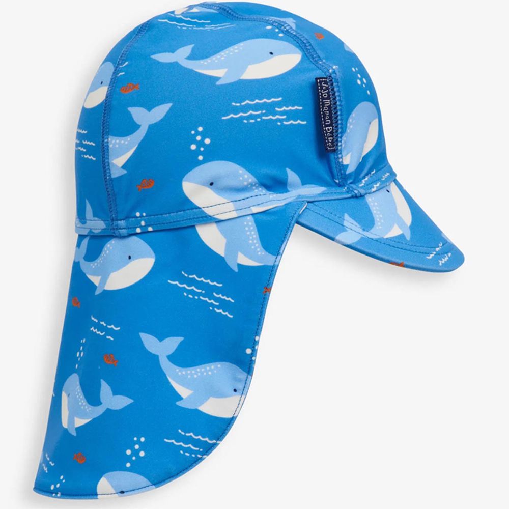 英國 JoJo Maman BeBe - 嬰幼兒/兒童泳裝戲水UPF50+防曬護頸遮陽帽-海洋鯨魚