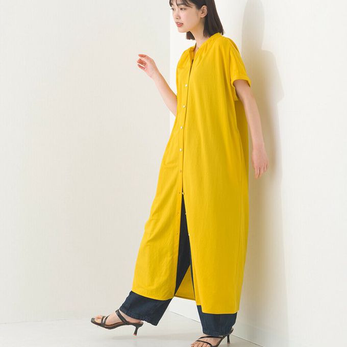 日本 OMNES - 接觸涼感 氣質金釦襯衫式短袖洋裝-明亮黃