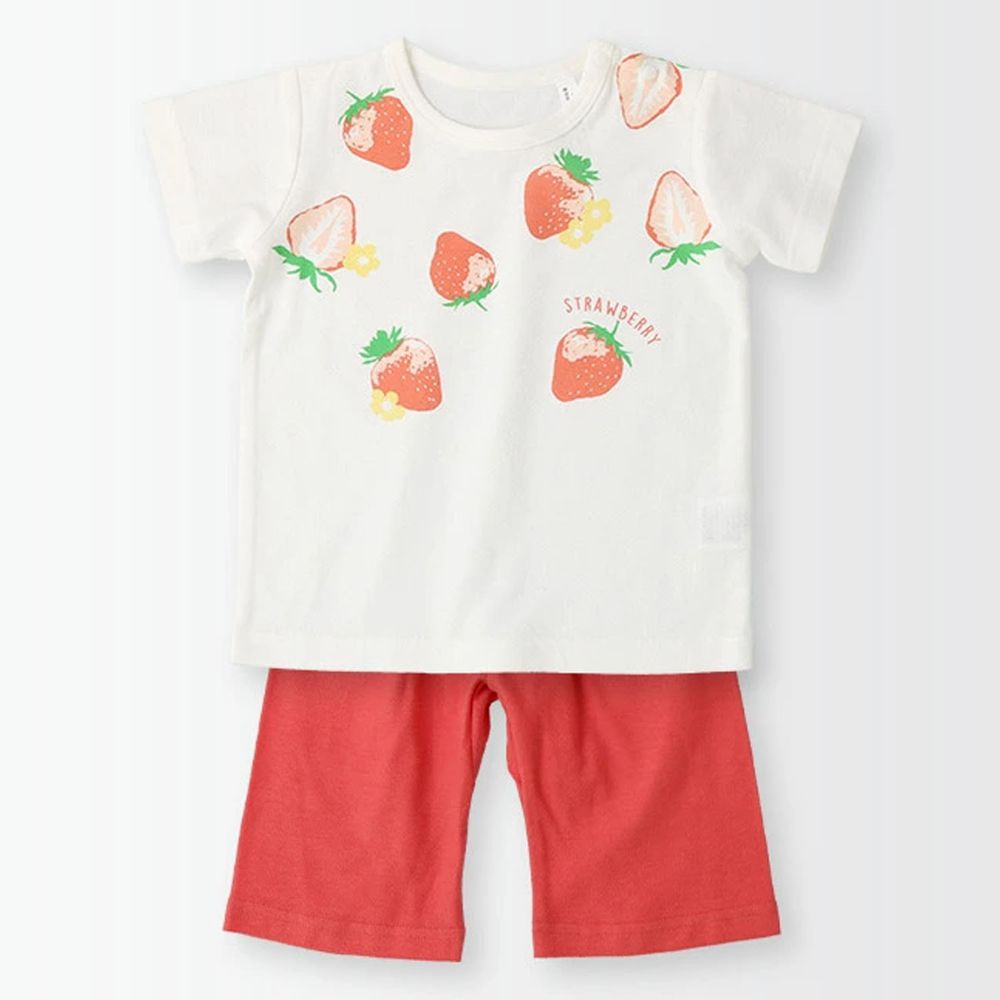 日本 ZOOLAND - 涼感 100%棉腹卷家居服(短袖+七分褲)-草莓-紅白
