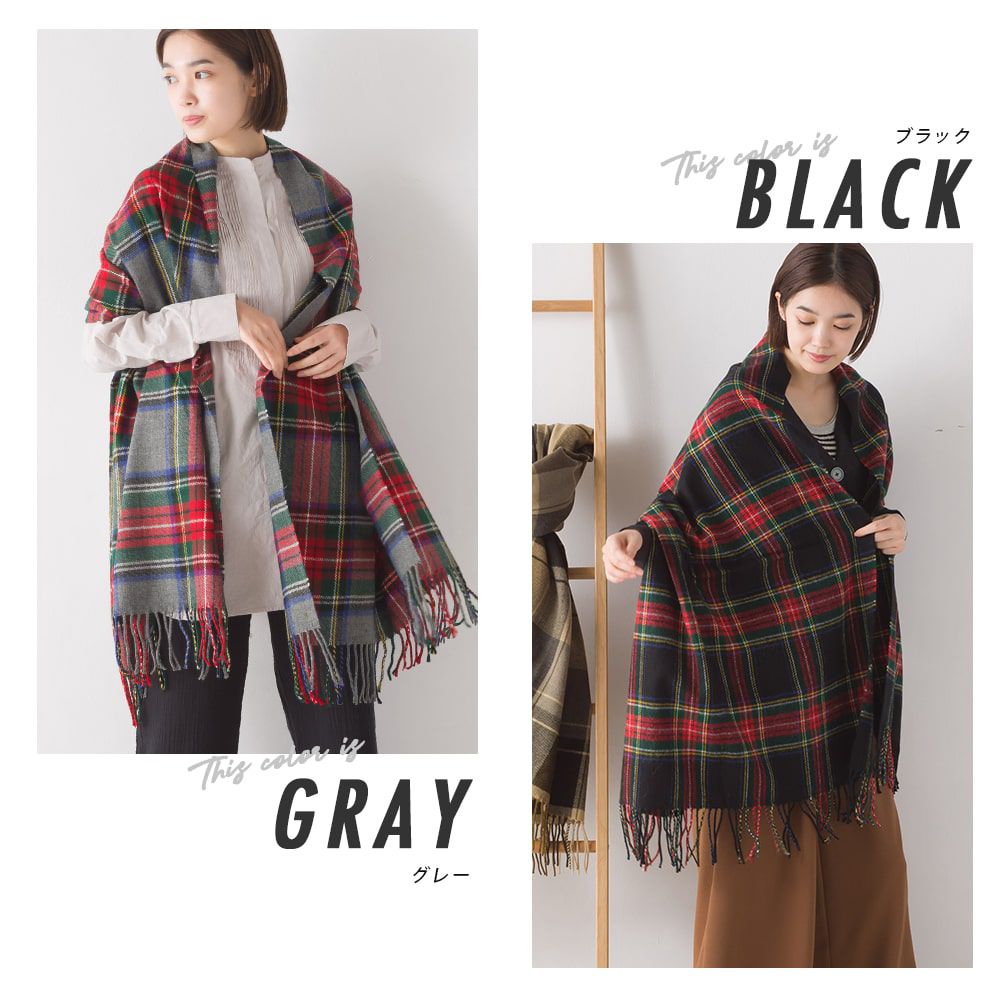 日本 OMNES - 羊毛混紡經典格紋圍巾披肩-C(黑x紅)-900