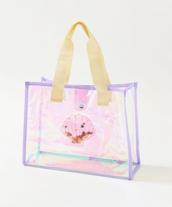 日本 devirock - 獨角獸色系閃亮愛心PVC防水游泳包-米藍系 (27x35x14cm)