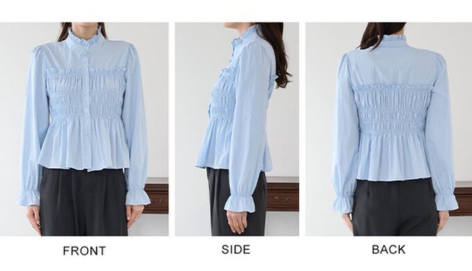 日本 BLUE EAST - 小立領荷葉皺摺束腰長袖襯衫-水藍