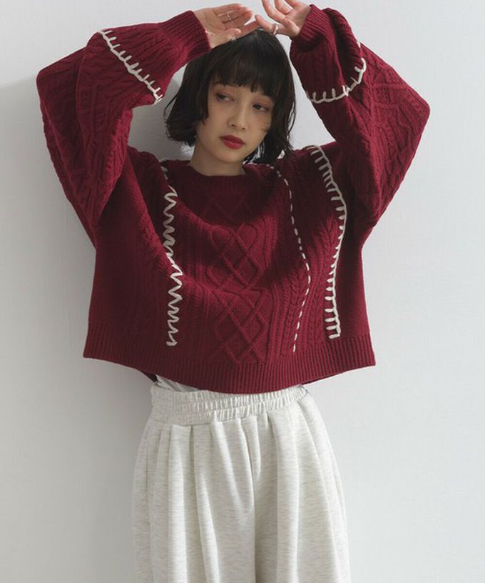 日本 ELENCARE DUE - 手工編織感柔美麻花紋理毛衣-紅