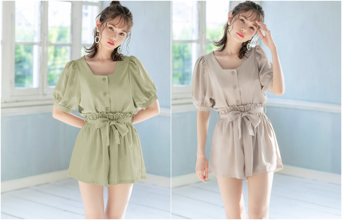 日本 GRL - 方U領短袖上衣X綁帶短褲套裝-氣質杏 (Free)