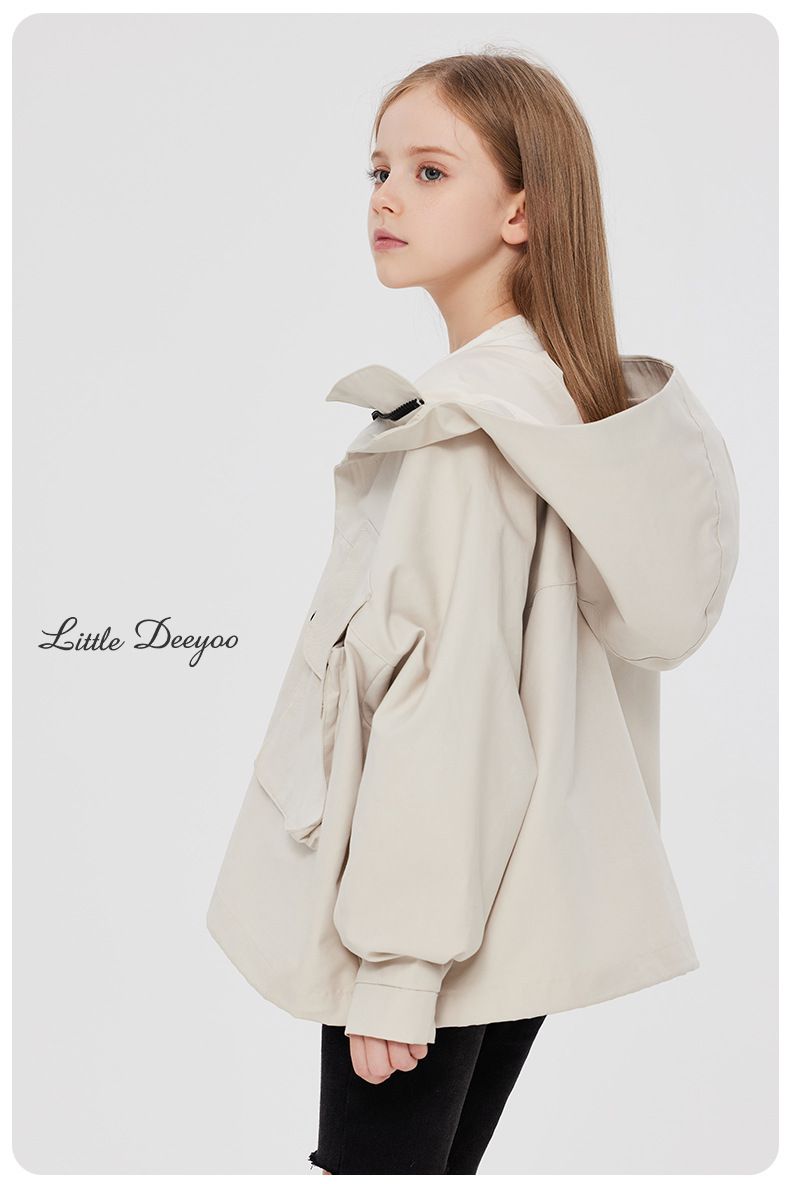 Little Deeyoo - 日系工裝防風連帽風衣外套/衝鋒外套-米白色