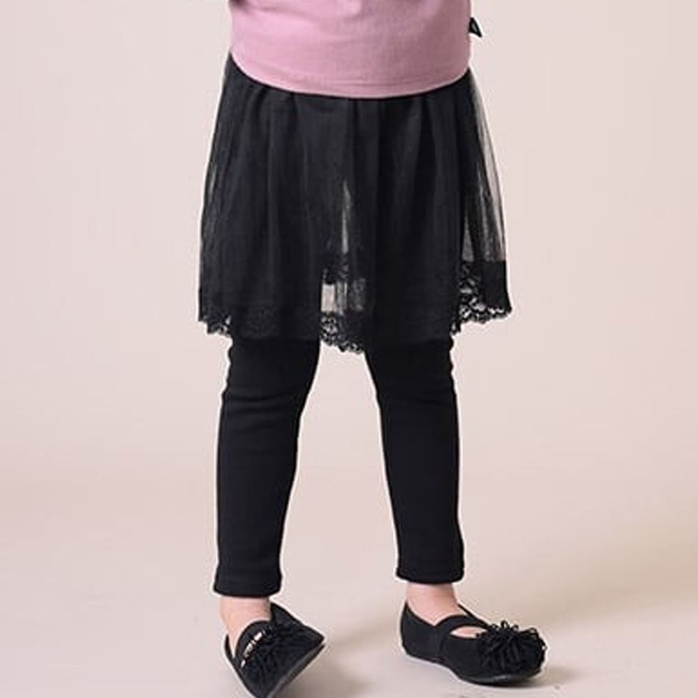 日本 TORIDORY - 極暖彈性裏起毛內搭褲裙-薄紗蕾絲-黑