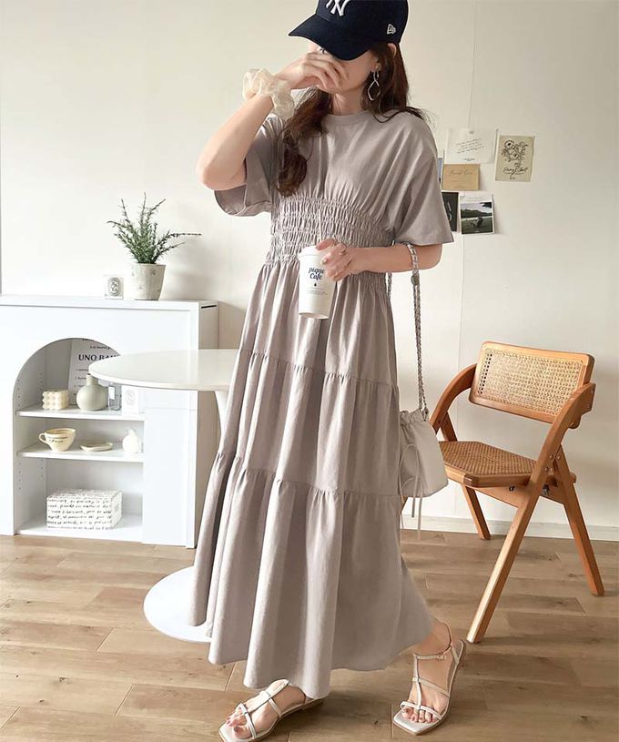 日本 Classical Elf - 100%棉 圓領美型縮腰分層短袖洋裝-深灰