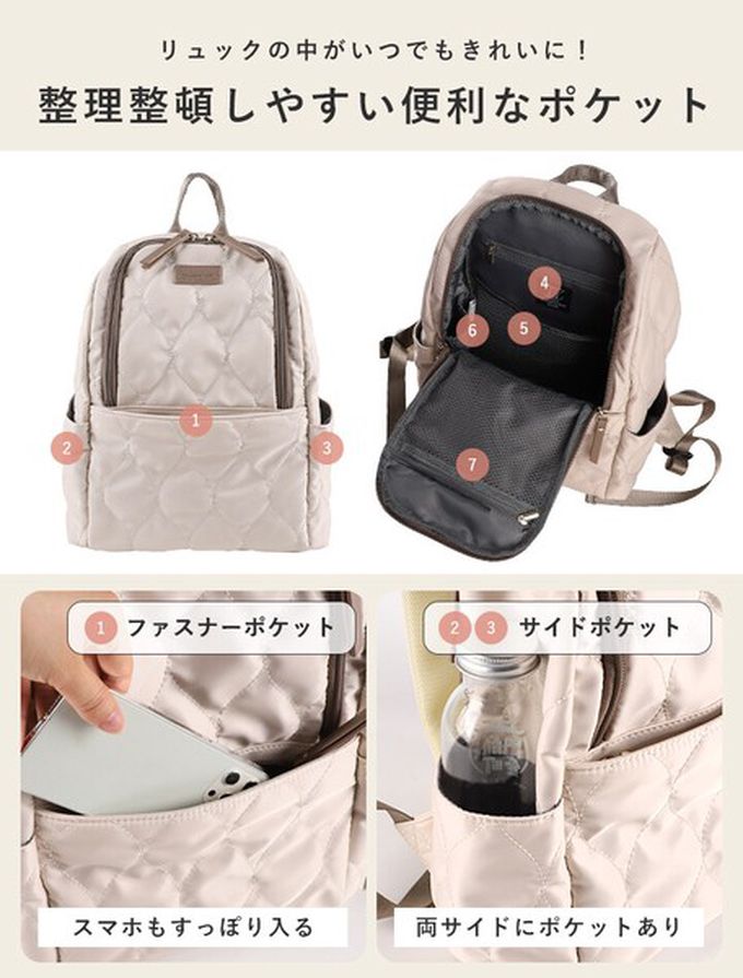 日本 LIZDAYS - 8口袋輕量絎縫防潑水時尚後背包-米杏