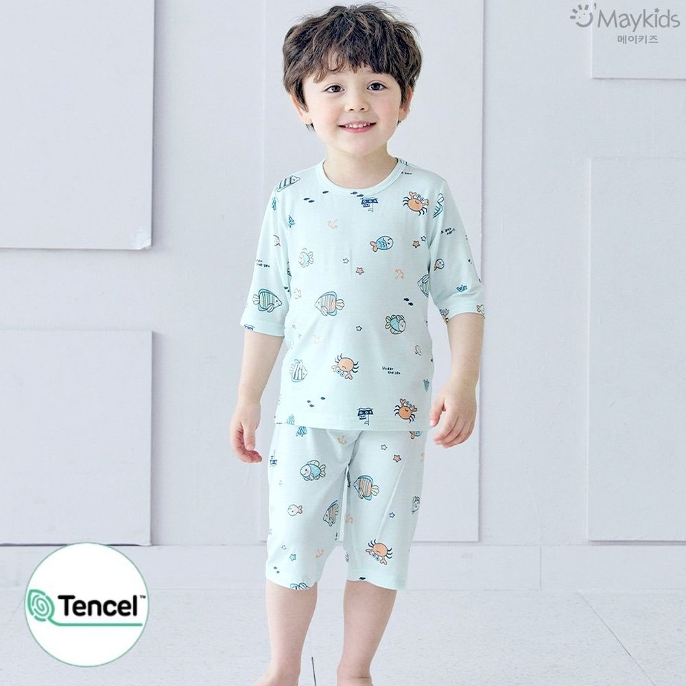 天絲莫代爾透氣七分袖家居服-童趣魚世界-淺水藍