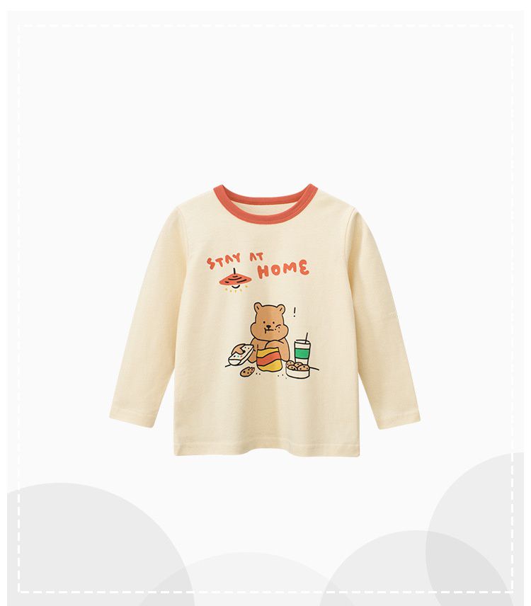 純棉圓領薄長袖上衣-熊熊宅在家-杏色