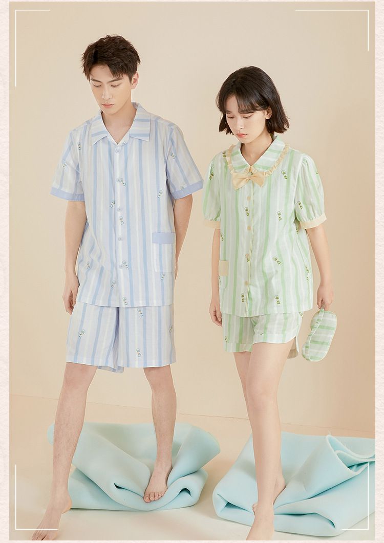 雙層棉紗布短袖家居睡衣套裝(不含眼罩)-男款-藍色直紋
