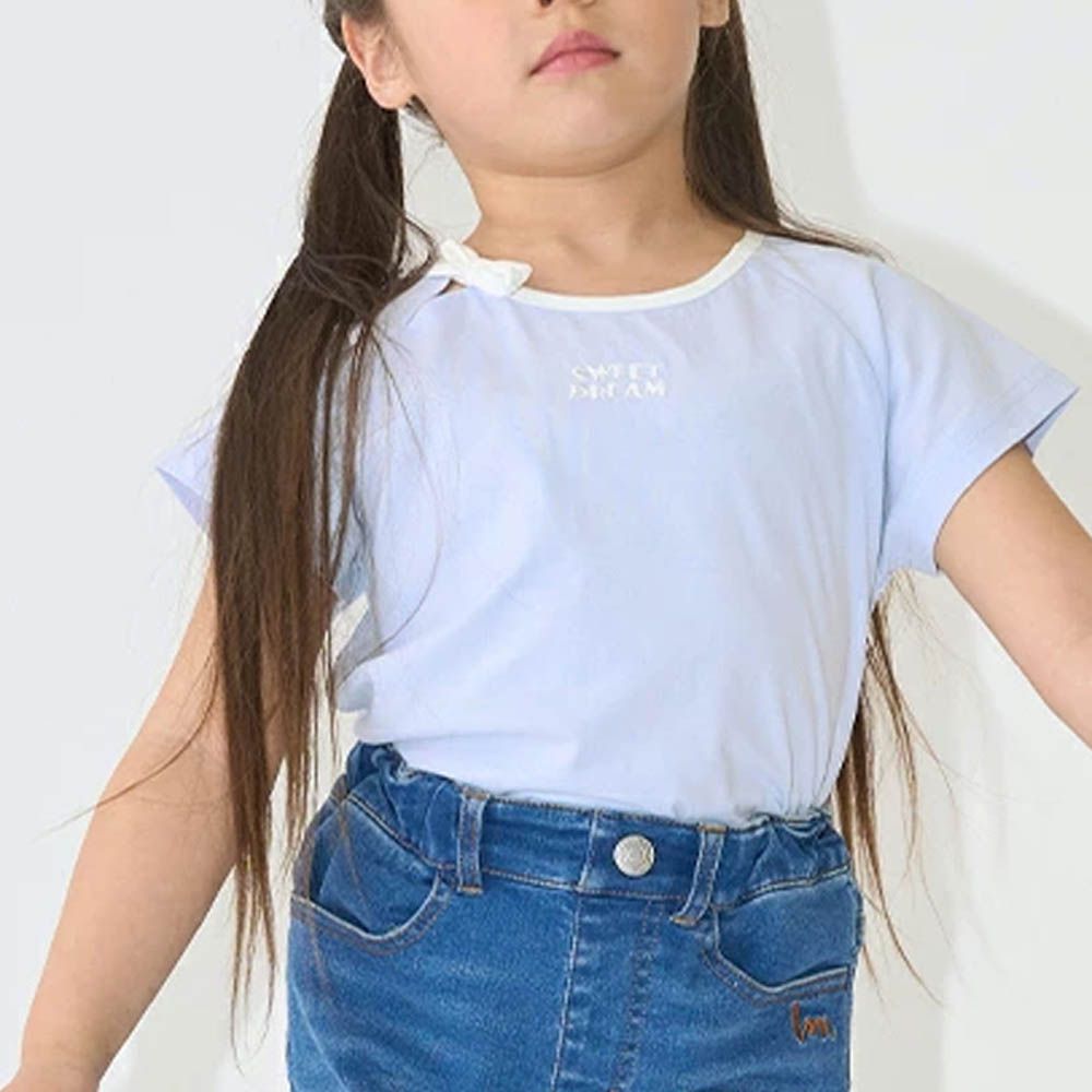 柔軟緞帶領刺繡短袖上衣-藍