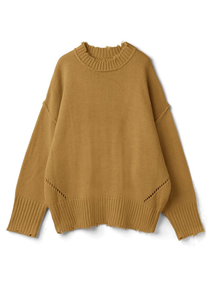 日本 GRL - 寬鬆修身線條微抓破邊衣領針織毛衣-時尚黑