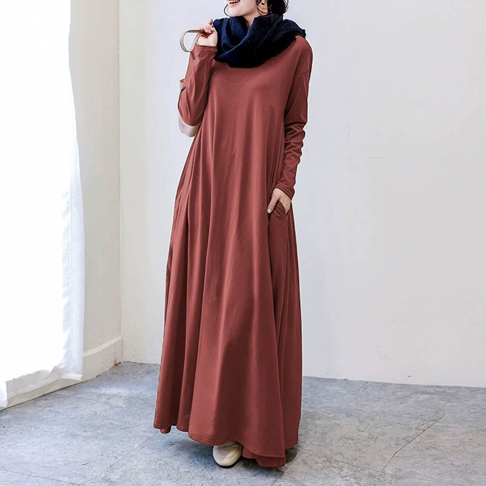 3D立體剪裁顯瘦長袖長洋裝-咖啡色