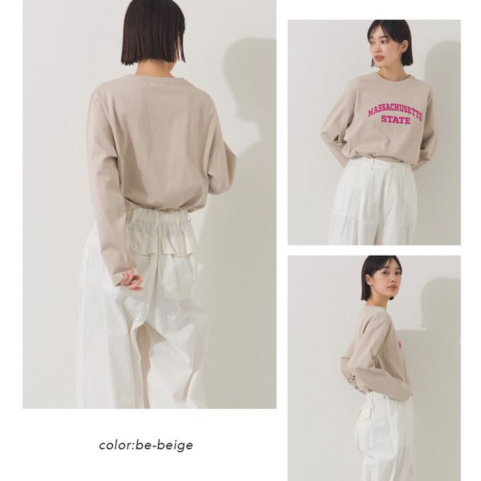 日本 OMNES - 100%棉 簡約英文標語長袖上衣-淺灰