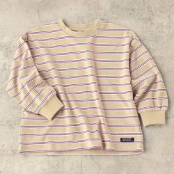 日本 BREEZE - 100%棉 定番款搭縮口長袖上衣-條紋-卡其杏X紫