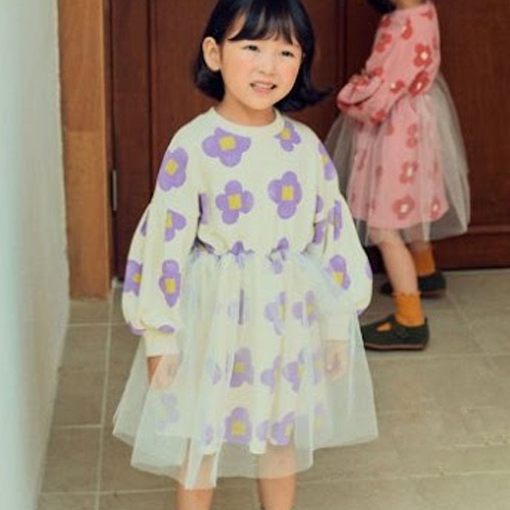 韓國 Hanab - 滿滿花朵網紗洋裝-奶油白