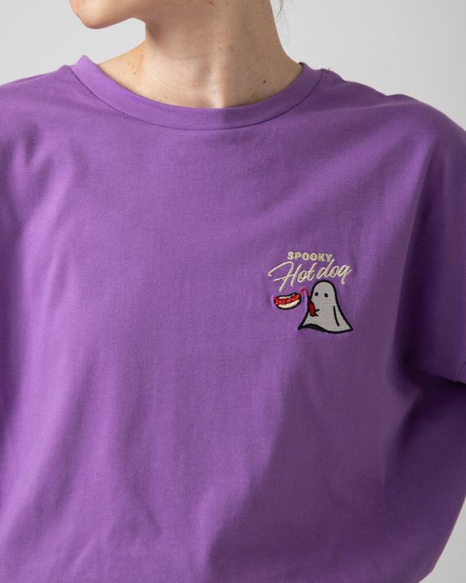 日本 gleam - 幽靈熱狗美式印花寬大風短袖T恤-燕麥灰